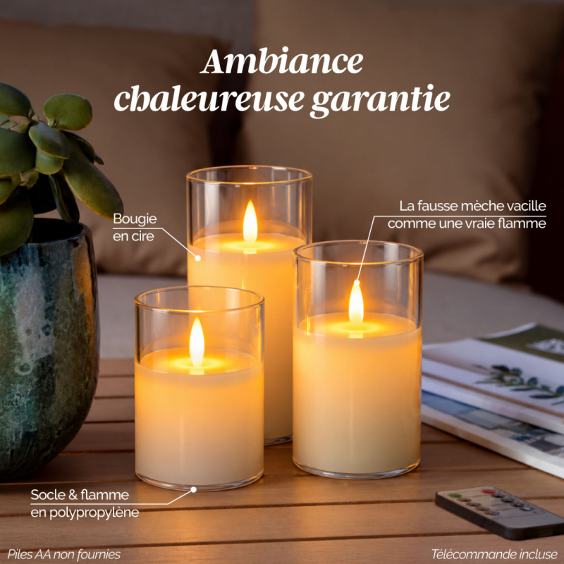 Lot de 3 bougies à LED effet verre - Transparent