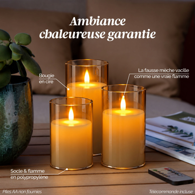 Lot de 3 bougies à LED effet verre - Doré