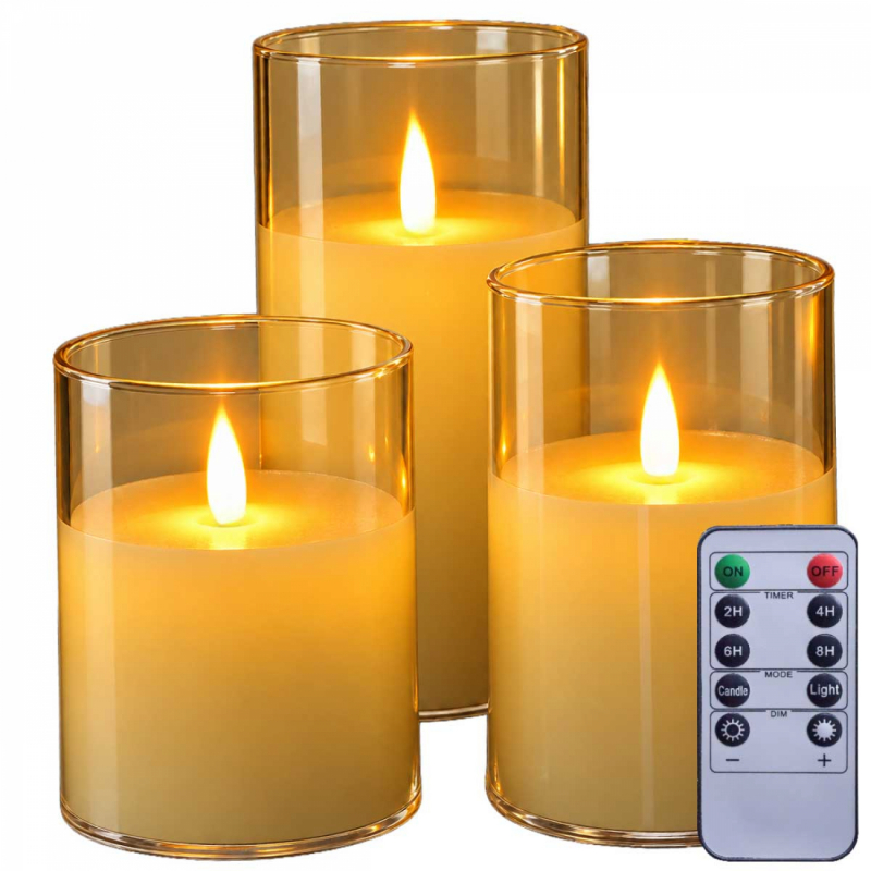 Lot de 3 bougies à LED effet verre - Doré