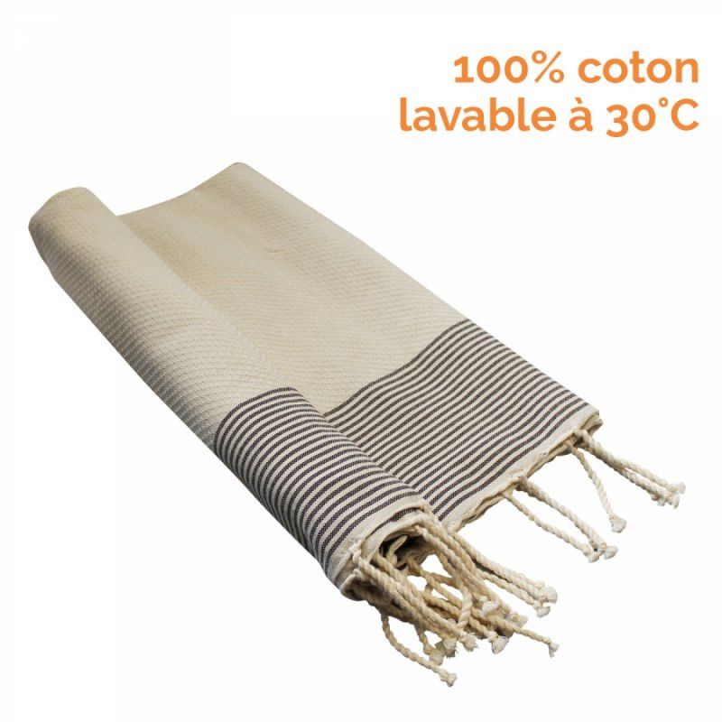 Fouta nid d'abeille rayures fines - Beige et chocolat