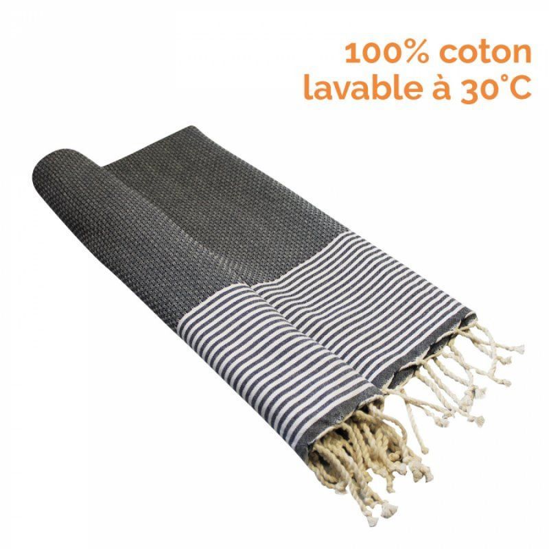 Fouta nid d'abeille rayures fines - Gris foncé et blanc