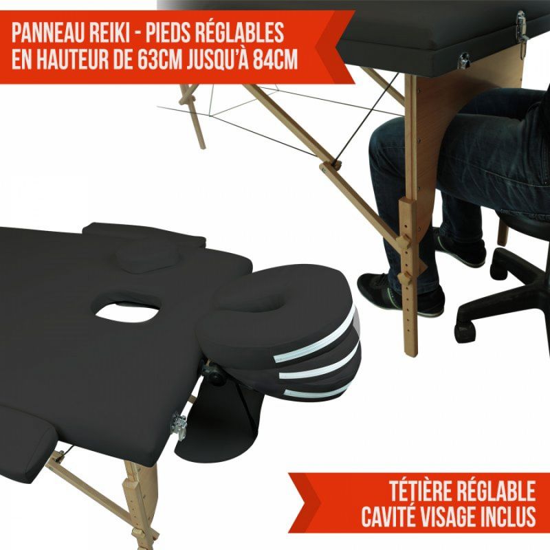 Table de massage bois - 2 Zones - Noir