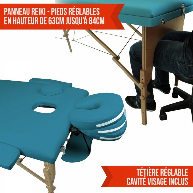 Table de massage bois - 2 Zones - Bleu turquoise