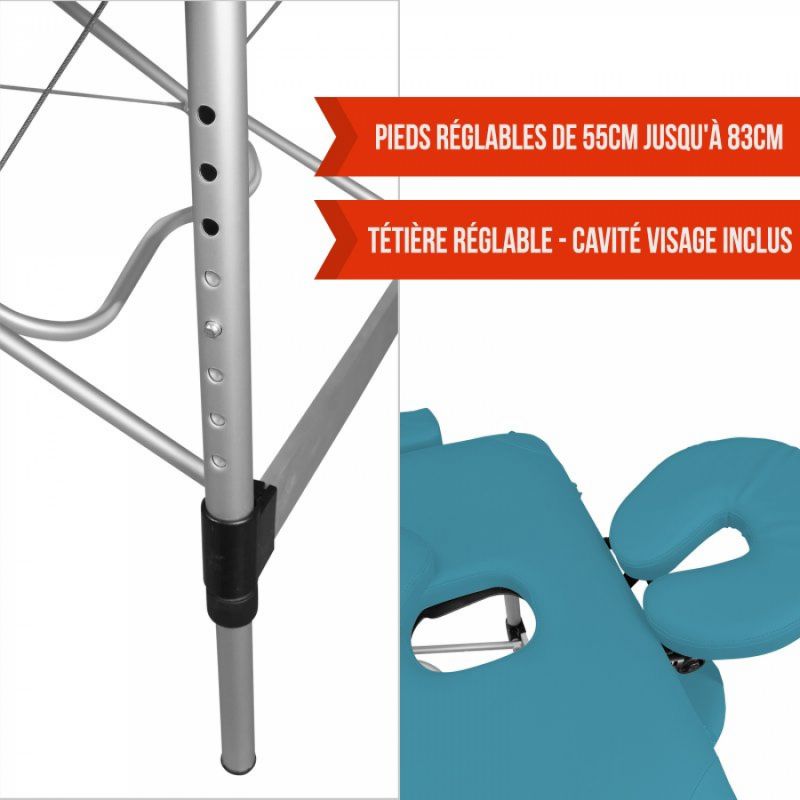 Table de massage aluminium - 2 Zones - Bleu turquoise
