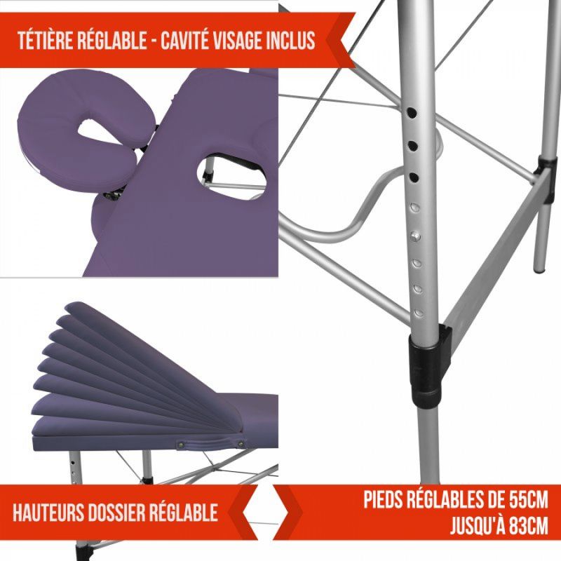 Table de massage aluminium - 3 Zones - Violet