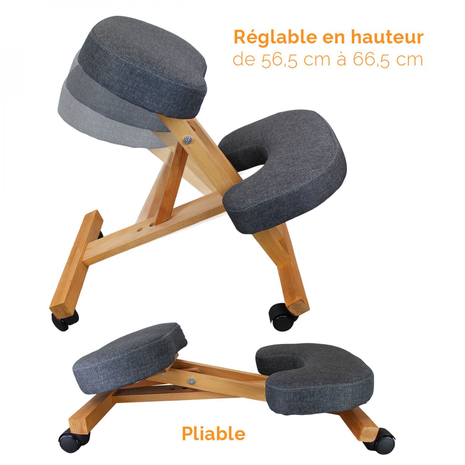 Tabouret ergonomique - siège assis à genoux - chaise à genoux grand confort  - bois bouleau polyester gris - Achat & prix