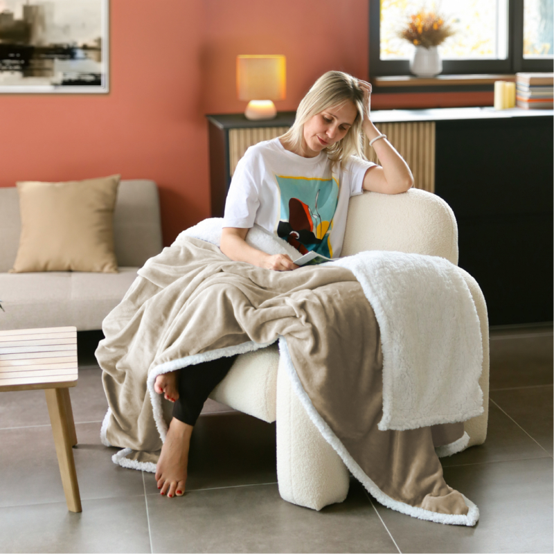 Plaid sherpa et flanelle XL - 220 x 240 cm - Beige