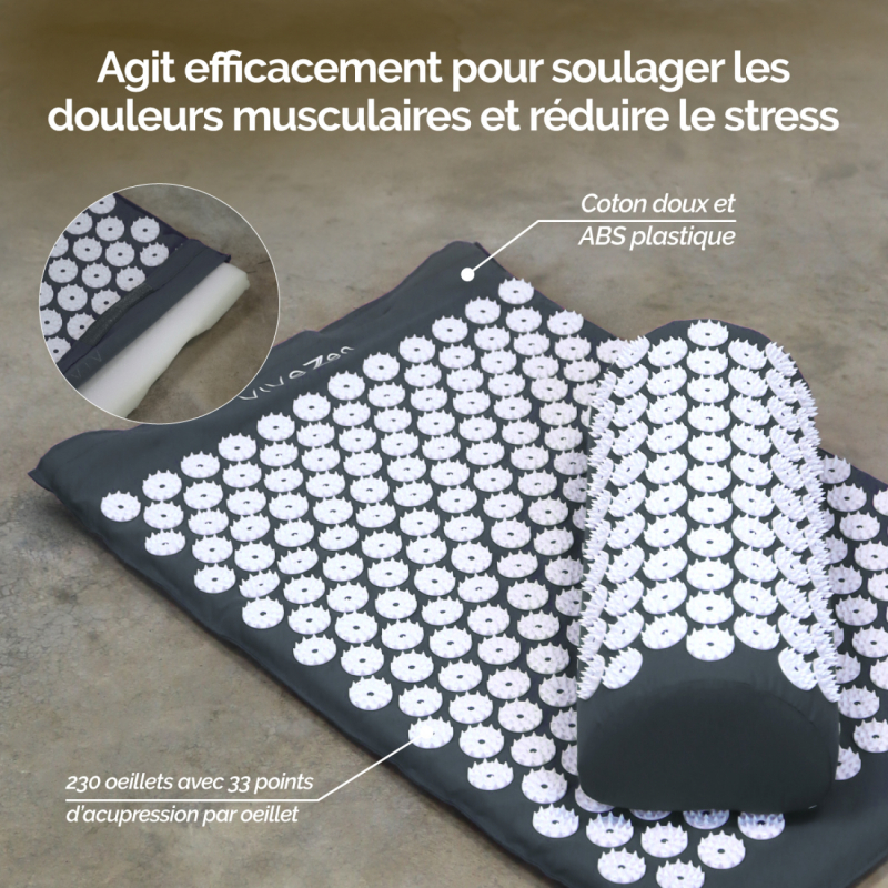 Tapis et coussin d'acupression 67 x 42 cm - Gris