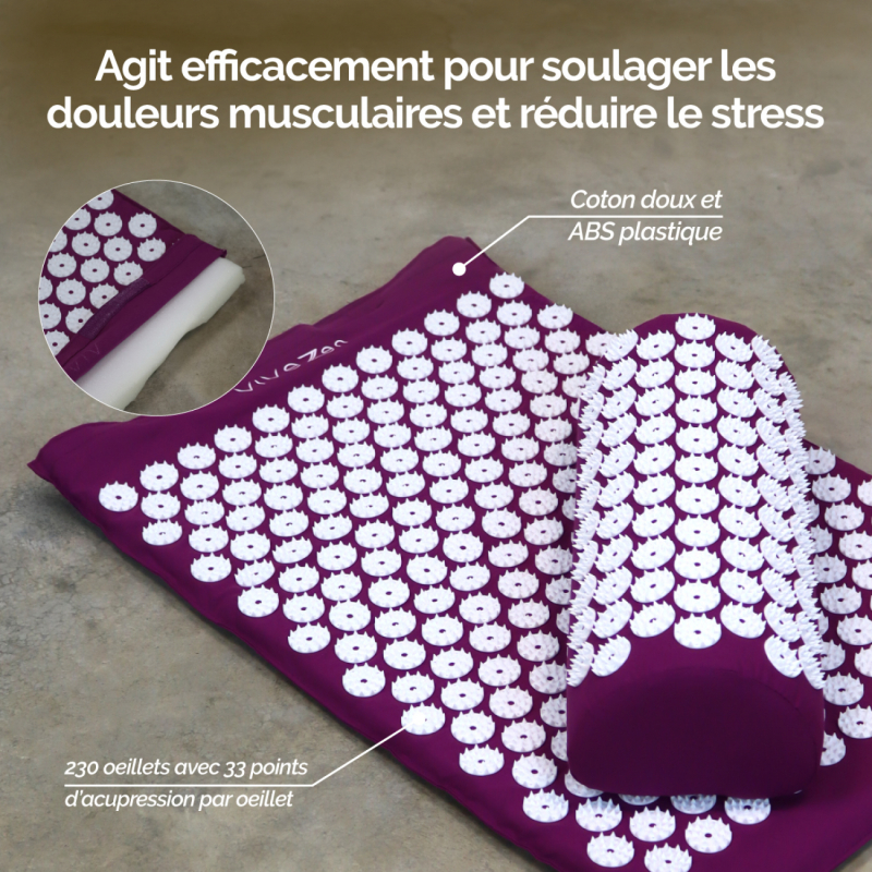 Tapis et coussin d'acupression 67 x 42 cm - Prune