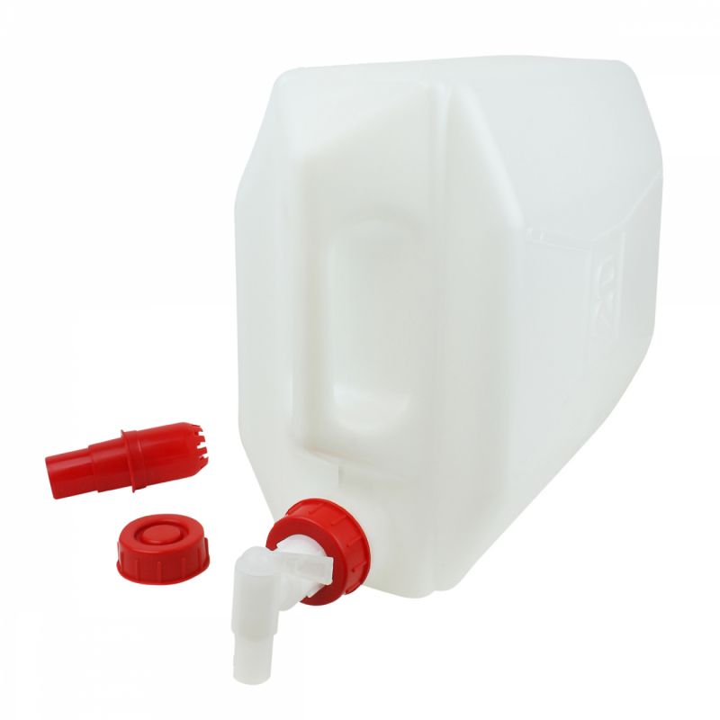 Bidon en plastique rigide pouvant contenir 20 litres et bouchon inclus  pouvant adapter un robinet ou une pompe.