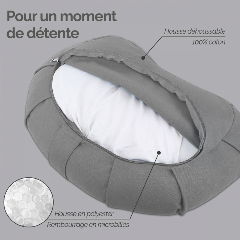 Coussin de méditation demi-lune - 44 x 27 x 13 cm - Gris