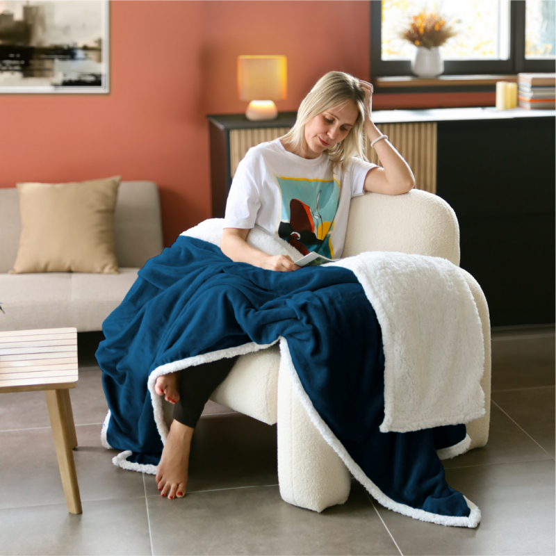 Plaid sherpa et flanelle - 150 x 200 cm - Bleu