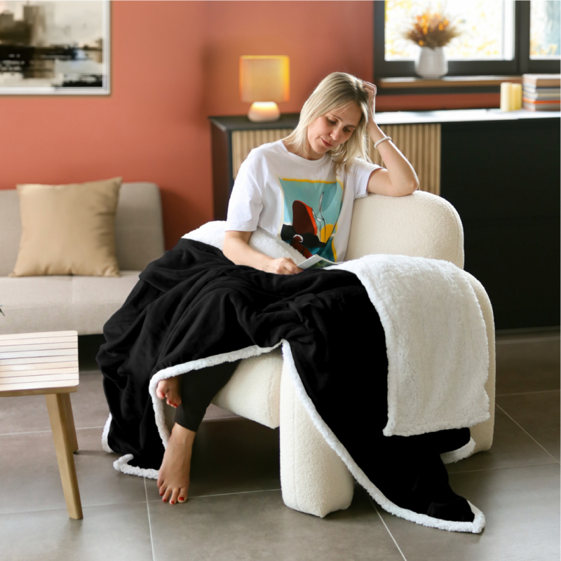 Plaid sherpa et flanelle - 150 x 200 cm - Noir