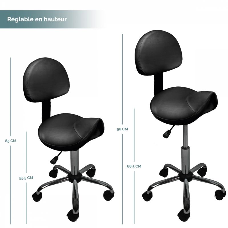 Tabouret ergonomique avec dossier à roulettes - Noir