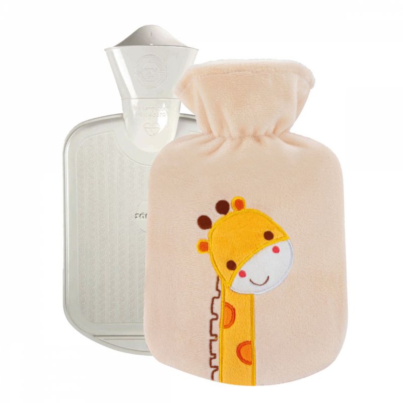 Bouillotte en caoutchouc avec housse velours - 0.8 L - Girafe - Beige