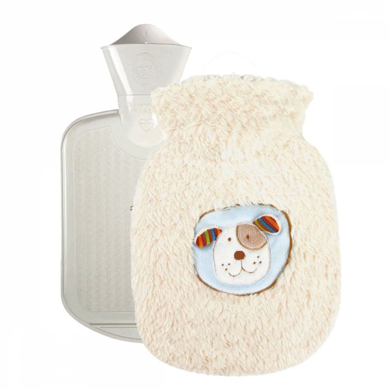 Bouillotte en caoutchouc avec housse velours - 0.8 L - Chien - Blanc