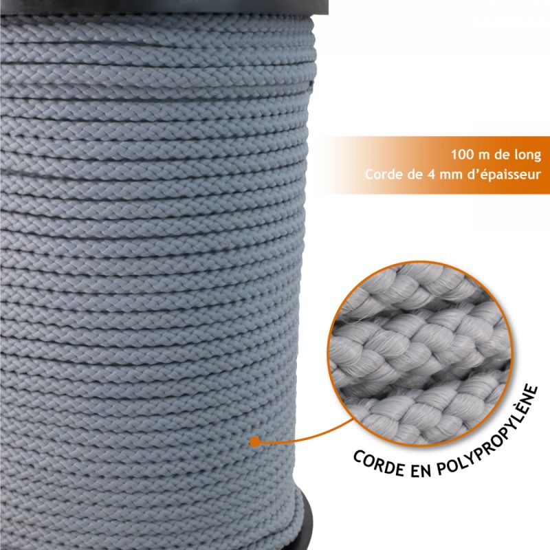 Corde tressée - 4 mm x 100 m - Gris