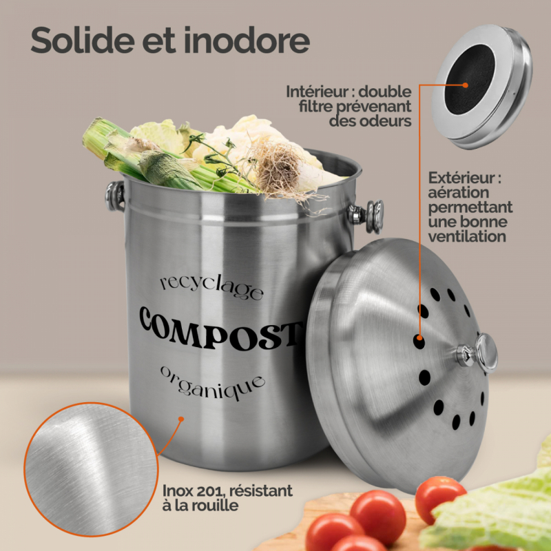 Composteur de cuisine - Rond - Gris