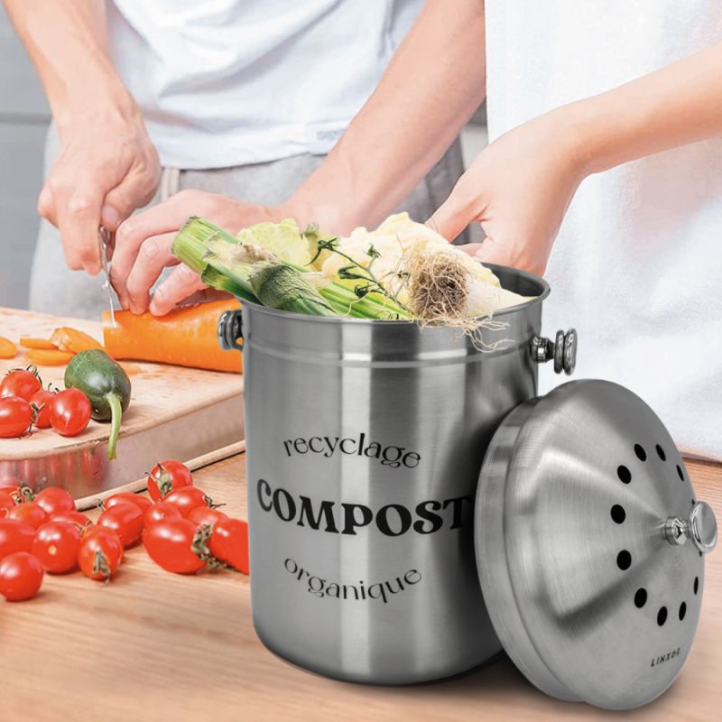 Petite poubelle à compost pour cuisine - 5 l - Poubelle pour cuisine,  comptoir avec couvercle pour déchets - Composteur d'intérieur pour cuisine  (vert-A)