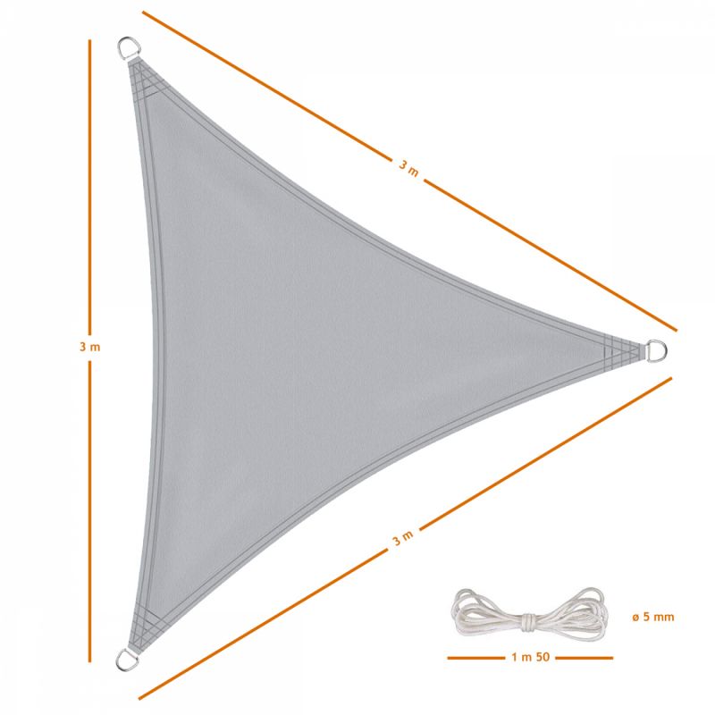 Voile d'ombrage triangulaire - 3 x 3 x 3 m - Gris