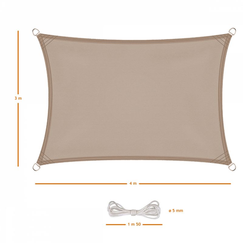 Voile d'ombrage rectangulaire - 3 x 4 m - Taupe