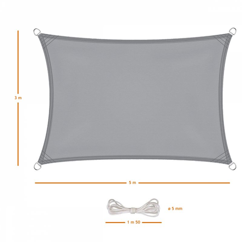 Voile d'ombrage rectangulaire - 3 x 5 m - Gris