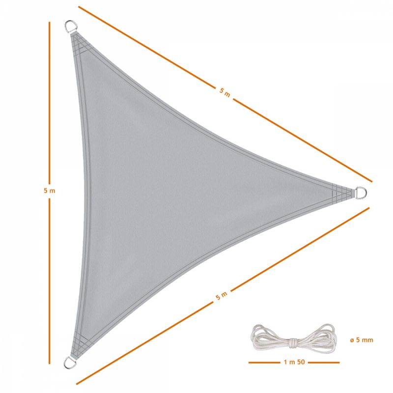 Voile d'ombrage triangulaire - 5 x 5 x 5 m - Gris