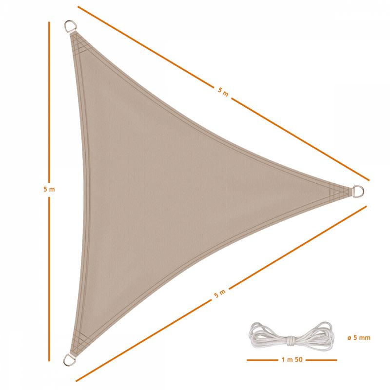 Voile d'ombrage triangulaire - 5 x 5 x 5 m - Taupe