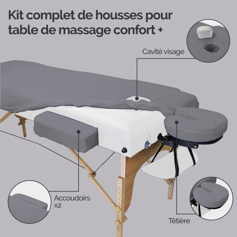 Kit complet de housses pour table de massage - Confort Plus - Éponge - Gris