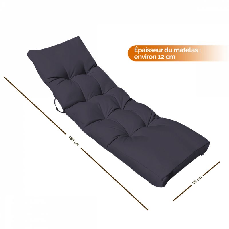 Coussin pour bain de soleil capitonné - 185 x 55 cm - Gris foncé