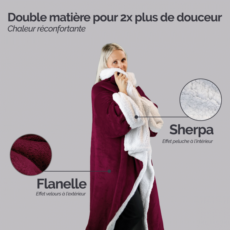 Plaid avec manches - Sherpa et flanelle - Adulte - Prune